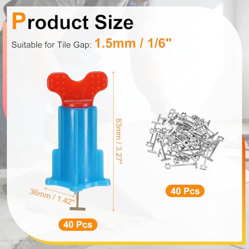 PATIKIL Tile Leveling Kit, 40 Pcs Reusable Leveler +40 Pcs Replaceable Steel T-Pin Tile Leveling System for Wall Floor, Red Blue