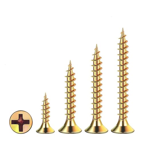 Wensilon (385PCS) Flat Head Yellow zinc Wood Screws, Quick Metal self Tapping Flat Head, Equipped with Dry Wall Plastic Anchor kit. - color: Yellow, size: Multi-Size Kit
