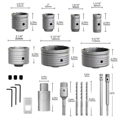 CSOOM 22 Pieces Concrete Hole Saw Kit (30/40/50/65/80/100/110mm) with SDS Plus and SDS Max Shank for Concrete, Cement, Brick Walls and Stone Masonry