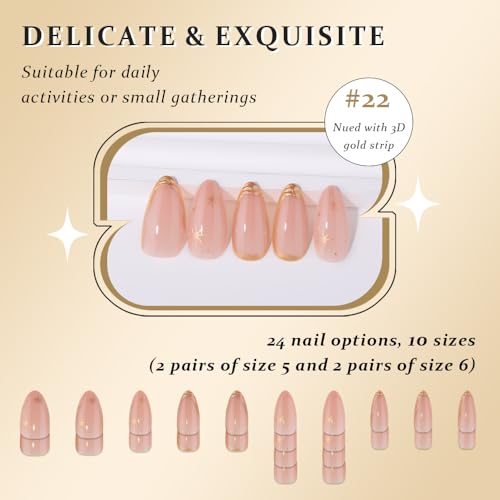 Gold French Tip Press On Nails Medium Almond, 3D Line Star French Tip Sticke On Nails, Designer Reusable Acrylic Nail Press Ons, Fake Nail With Glue On Nails, Daily Wea False Nail For Women - color: LF3885-3D Gold Line French, size: 24 Pieces (Pack of 1)