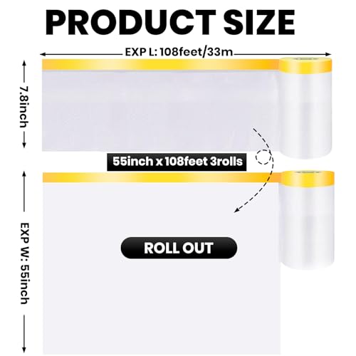ADHES Pre Taped Masking Film with Adhesive Edge, 55 inch x 108 feet - size: 1400mm x 33m-3rolls