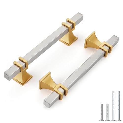 Haliwu 10 Pack 3-3/4" Brushed Nickel Cabinet Pulls Silver & Gold Handles - color: Brushed Nickel & Matte Gold, size: Hole Center Spacing：96mm (3-3/4 inch)