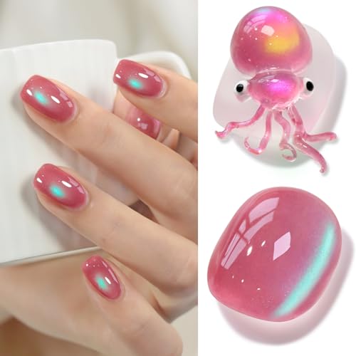 Double Rhythm Jelly Glass Cat Eye Gel Polish with Magnet 15ML Holographic Glitter Shimmer Translucent Sheer Color Magnetic Nail Polish Salon DIY at Home (Pink Teal-MC1267) - color: Aurora Pink Green