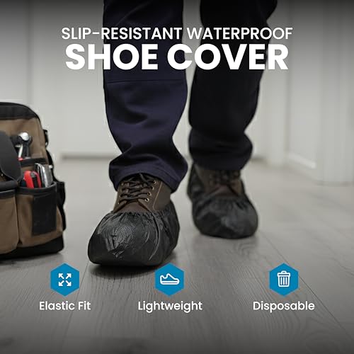 Waterproof Shoe Covers – Non-Slip, Disposable CPE Boot Covers, White, 100 Pack - style: White Bag of 100