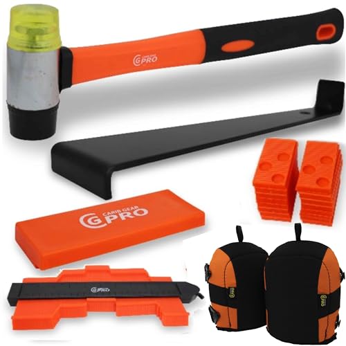 Carib Gear Pro Professional Laminate Flooring Tools Installation Kit with Tapping Block, Knee Pads, Rubber Mallet, 45 pcs Pull Bar, and 40 pcs Spacers for Vinyl Plank, LVP, and Hardwood Laminate Floor