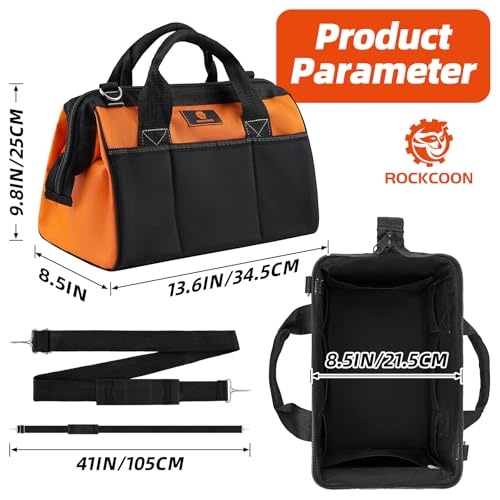 Tool Bag 14'', Thick Outer Pocket Tool Organizer Waterproof, Heavy Duty Tote with Shoulder Strap for Tool Storage, Black & Orange - size: 14 inch