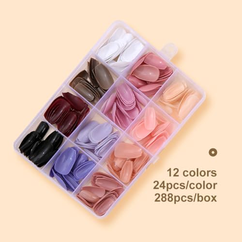 288 Pcs Press On Nails Short Coffin Fake Nails Press Ons Set Solid Color False Nails Full Cover Acrylic Glue on Nails Reusable Glossy Artificial Nail Kit for Women Girls Manicure 12 Color - color: A006