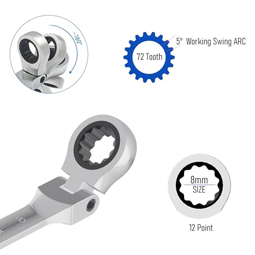 8mm(5/16") Flex-Head Ratcheting Combination Wrench, 8mm Metric - size: 8mm