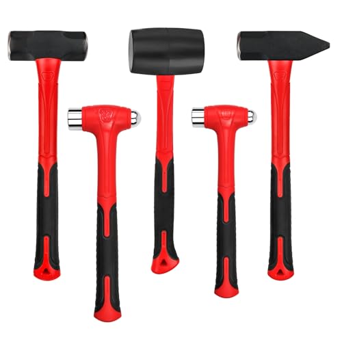 C&T 5-Piece Hammer Set, 16oz Ball Peen Hammer | 32oz Ball Peen Hammer | 32oz Rubber Mallet | 3lb Sledge Hammer | 3lb Cross Peen, Fiberglass Handle & Mallet Set - style: 5pc