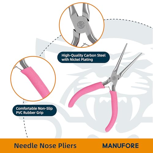 MANUFORE 2-Piece 6 Inch Pink Mini Needle Nose Pliers, Straight and 45° Bent - color: Pink