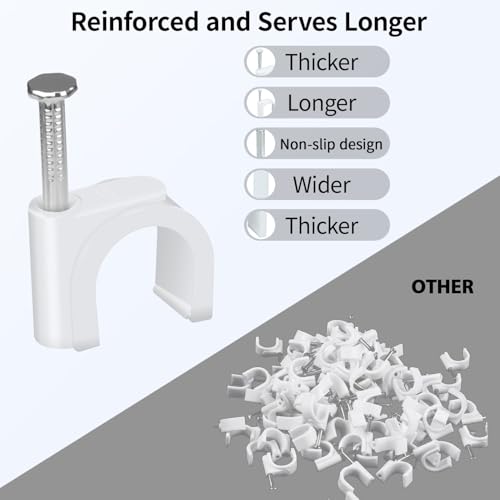 LeMotech Cable Clips, 100pcs 10mm Wire Wall Clips with Steel Nails, Coax Cable Clips Speaker Wire Clips for Cord Management RG6 RG59 CAT6a CAT7 RJ45 Ethernet Cable Clamps, White - size: Round (10mm)