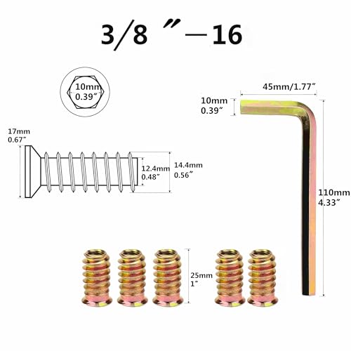 40Pcs 3/8"-16 x 25mm Furniture Screw in Nut Threaded Wood Inserts Bolt Fastener Connector Hex Socket Drive for Wood Furniture Assortment (with Hex Spanner) - size: 3/8"-16 x25mm