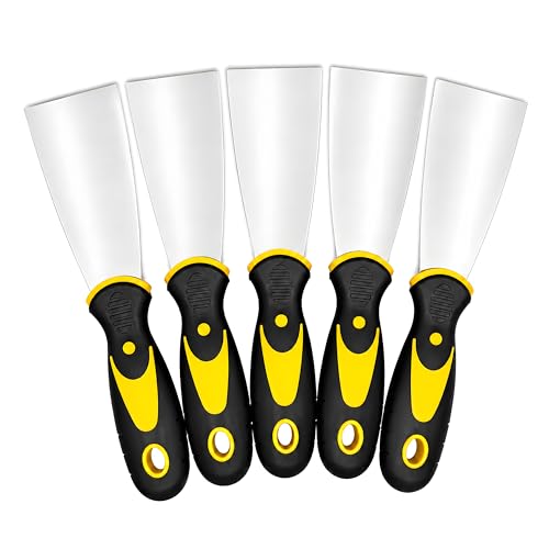 5 Pack 2-Inch Putty Knife Set, Stainless Steel Blade Paint Scrapers with Comfortable Soft Grip Handles, Heavy Duty Spackling Knives for Drywall Repair, Plaster, Wallpaper Removal and Home Improvement