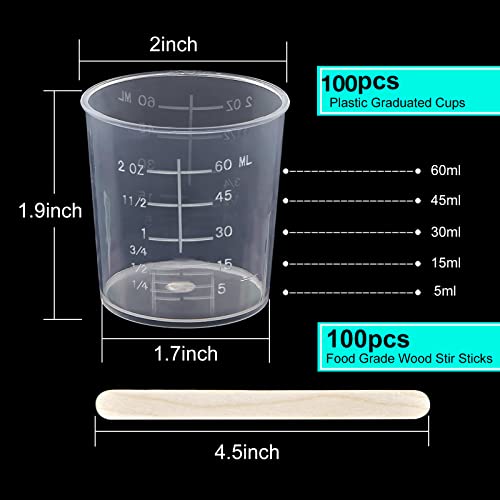 100 Pack 60ml/2oz Transparent Measuring Cups Reusable Clear Plastic Graduated Epoxy Mixing Cups with 100 Pack Wooden Stirring Sticks for Liquids Resin, Epoxy, Stain, Mixing Paint, School Labs - size: 60ml