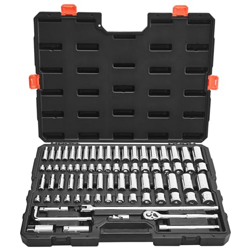 VEVOR Socket Set, 76 Pieces, 3/8 inch Drive Socket and Ratchet Set, SAE and Metric, Deep and Shallow, Mechanic Tool Kit with Accessories and Storage Case, CR-V Alloy Steel, for Automotive Repair - size: 76-PCS