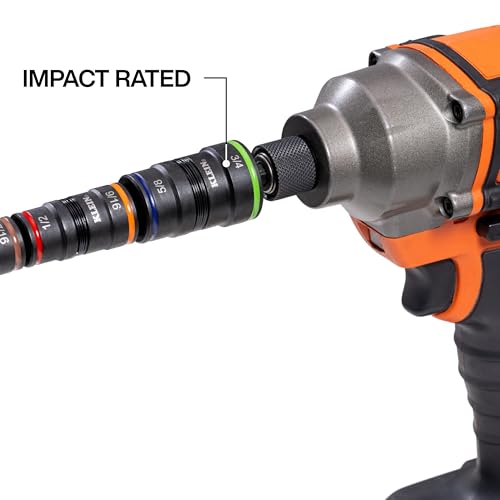Klein Tools 32934 Impact Driver, 9-in-1 SAE Impact Socket Set, 4 Flip Sockets with 1/4, 5/16, 3/8, 7/16, 1/2, 9/16, 5/8, and 3/4-Inch Nut Driver Sizes with Bit Holder, 6-1/2-Inch Shaft - color: 9-in-1