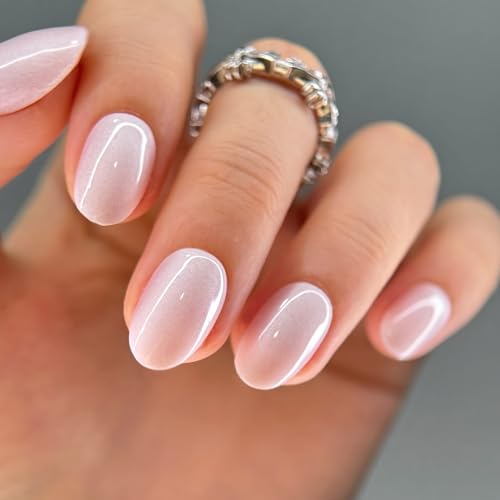 CurvLife Short Oval Shimmer Press On Nails, Moonlight Pearl White, Soft Gel - color: B9 - Milky Pearl White