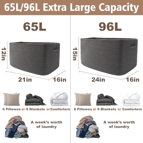 JMvicyroam 65L Large Woven Cotton Rope Blanket Basket, Grey - color: Grey, size: 65L