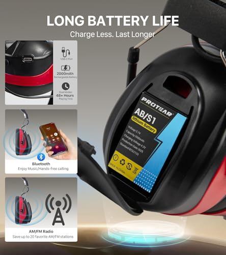 AM FM Radio Hearing Protection Earmuff, Bluetooth 5.4, 30SNR - color: Am/Fm+ Bluetooth-red