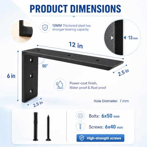 WINKER Countertop Support Bracket 3 Pack Heavy Duty 1/2" Thick Hidden L Shelf Bracket 12" x 6" x 2.5" Metal Corbels for Quartz/Granite/Wood/Concrete/Laminate Countertops, Black - size: 12″x6″x2.5″-1/2" thick, style: Black-3Pack
