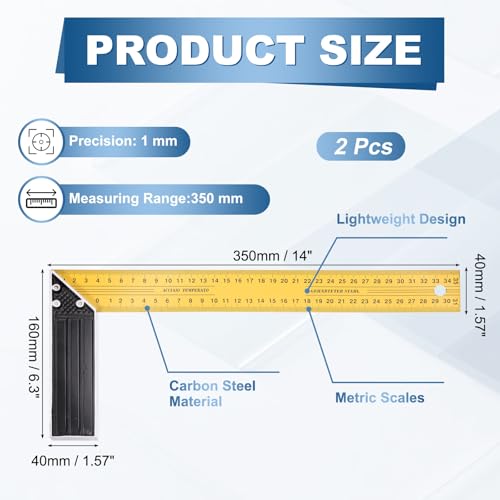HARFINGTON 2Pcs Woodworking Square Ruler 14" Carbon Steel Try Square Metric Precision Framing Carpenter Tool Right Angle Ruler with Aluminium Handle for Professional Carpentry, Yellow Black - size: 14"