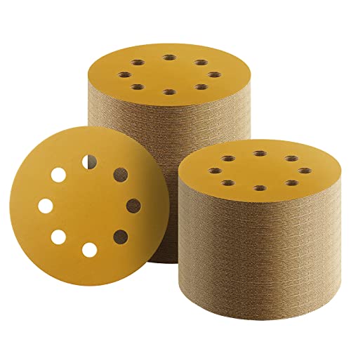 100 Pcs 5 Inch Sanding Discs Hook and Loop, 8 Hole Gold Premium 600 Grit Dustless Random Orbit Sandpaper for Woodworking or Automotive - style: 600 Grit-100 Discs