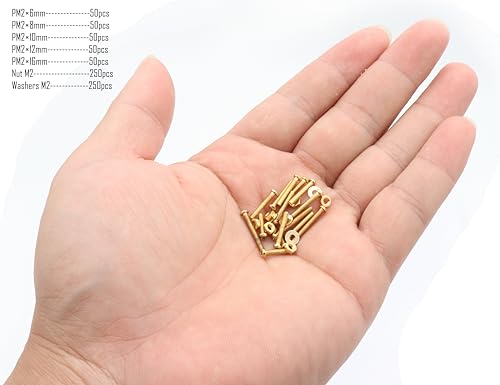 LBY 750pcs Machine Screws Assortment Kit, M2 Phillips Pan Head Bolts, 5 Sizes (with Nuts and Flat washers), Copper (Yellow) - size: M2