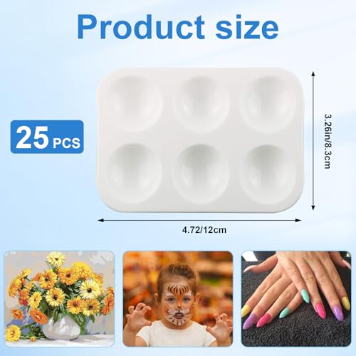 25 PCS Plastic Paint Palettes, 6 Wells Rectangular White Tray Palettes for DIY Craft and Art Painting Party Watercolor (4.72 * 3.26 inch)