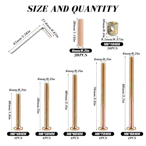 M6x40/50/60/70/80mm Crib Screws Assortment 20 Set Wooden Bed Hardware Kit