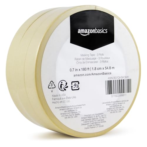 Amazon Basics Low Tack Masking Tape, General Purpose, Hand Tearable, Removes Easily, for Labeling, 0.7 inch x 180 feet, Beige, 3-Pack - size: 0.7 Inch by 180 Feet