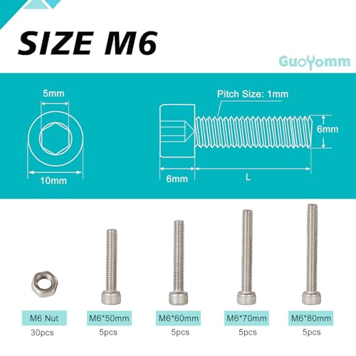 50PCS M6 x 50mm 60mm 70mm 80mm, Hex Socket Head Cap Screws Bolts Nuts Kit, Stainless Steel 304, Metric Allen Drive, Fully Threaded - size: Socket M6x50/60/70/80mm