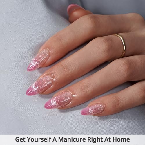 BTArtbox Press On Nails, Rosy Dew, Medium Almond, Pink Cat Eye, 30Ct - color: A1-Rosy Dew
