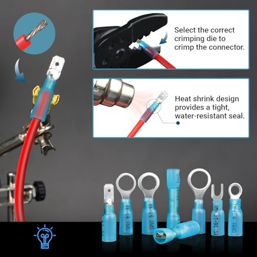 TMH 520 Pcs Crimping Tool for Heat Shrink Connectors Marine Grade Heat Shrink Wire Connectors, Waterproof Butt Connector AWG 22-10 Electrical Ring Fork Spade Splice - size: 520