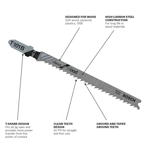 Bosch T101B 5 pc. 4 in. 10 TPI Variable Pitch Clean for Wood T-Shank Jig Saw Blades
