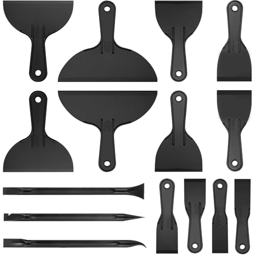 15 Pack Plastic Putty Knife Set - 12 Flexible Plastic Paint Scraper Tool and 3 Detail Scraper Tool for Spackling, Repairing Drywall, Removing Wallpaper, Applying Mud or Plaster