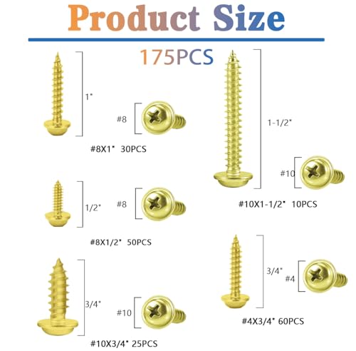 #4#8#10 Phillips Modified Truss Head Wood Screws Assortment Kit, Self Tapping Sheet Metal Screws for Wood, Brass Plated Carbon Steel, Golden, 175 Pieces (1/2", 3/4", 1", 1-1/2") - size: #4 #8 #10 Kit