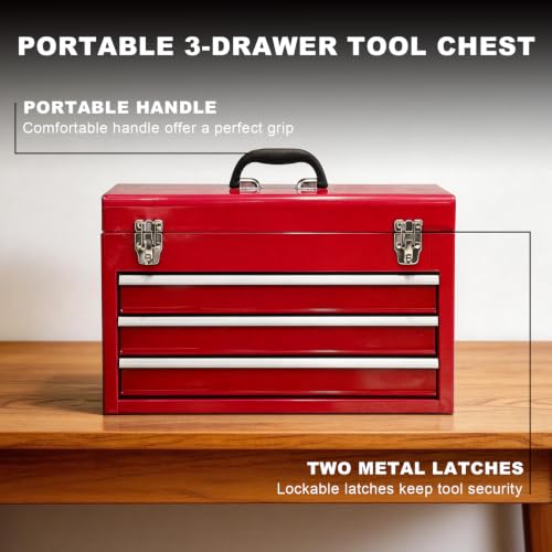 3 Drawer 20“ Metal Tool Box Portable Steel Tool Chest with Metal Latch Closure for Garage, Home and Workbench, Red - size: 20Inch-RED