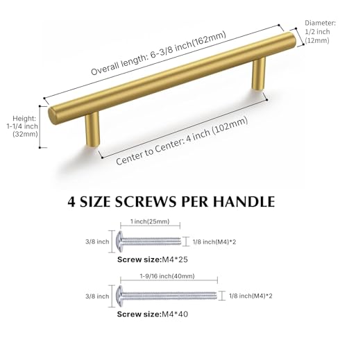 Haliwu 30 Pack 4in Gold Cabinet Handles for Kitchen Cabinet Handles | Stainless Steel, Gold Handles for Cabinets, Round T-Bar Shape, Brushed Gold Cabinet Pulls, Screws Included - size: 4 inch Hole Center