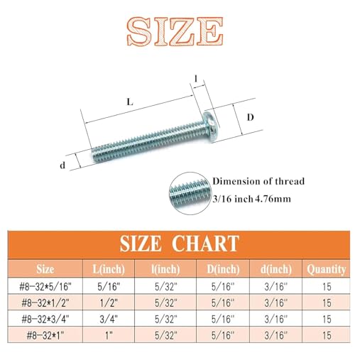 60 Pcs 4 Sizes #8-32 Machine Screws Knob Screws Cabinet Electricians Screws, Carbon Steel Zinc-Plated Phillips Pan Head Machine Screws Assortment Kit - size: #8-32-4Size-60P