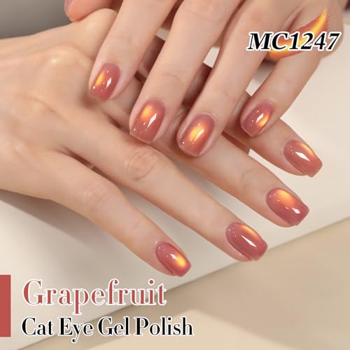 Double Rhythm Jelly Glass Cat Eye Gel Polish with Magnet 15ML Holographic Glitter Shimmer Translucent Sheer Color Magnetic Polish Salon DIY at Home (Grape Gold-MC1247) - color: Grapefruit Gold