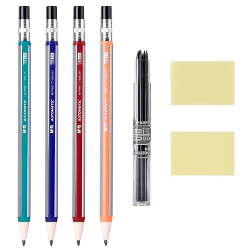 M&G Mechanical Pencil Set, 4 Pcs 2.0mm Mechanical Pencils with 6 Pcs 2B Extra Refill Leads, Automatic Pencil with Built-in Sharpener for Writing Art Drawing Sketching Construction Carpenter Drafting