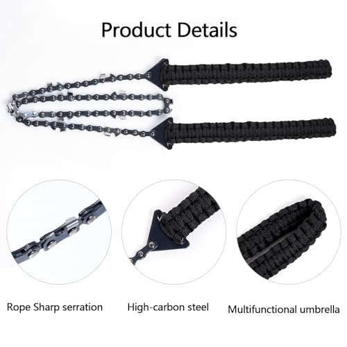 Sucrain Pocket Chainsaw with Paracord Handle, Folding Chain Hand Saw, Emergency Outdoor Survival Gear for Camping, Hunting, Hiking, Cutting Wood & Tree (Black paracord, 11 Teech, 24''Long) - style: Black paracord, 11 Teeth, 24'' Long