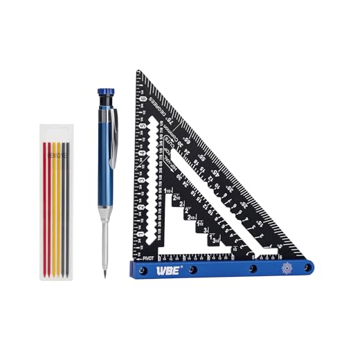 7inch Rafter Square with Carpenter Pencil, 1/8" Precision Heavy Duty Aluminum Woodworking Rule,Laser Etched Scale, Triangle-Ruler Measuring Layout Tool -Blue (Blue & Black) - size: square