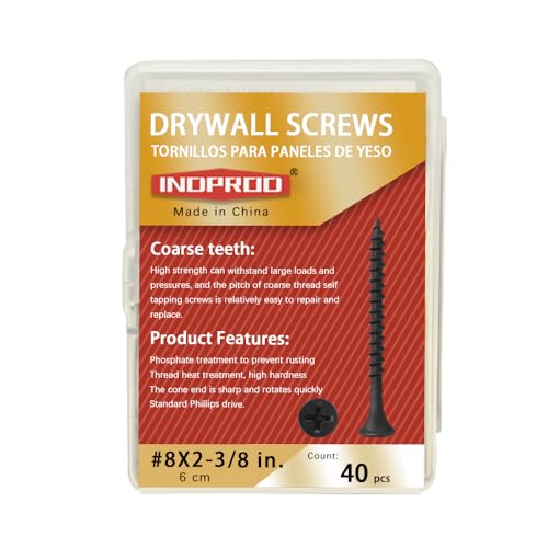 Coarse Thread Drywall Screw, #8 x 2-3/8", Black Phosphate Coated, Bugle Head Phillips Drive, Fast Self Tapping, Sharp Point, Ideal Screw for Drywall Sheetrock, Wood, and More, 40 Pieces - size: #8 x 2-3/8-Inch