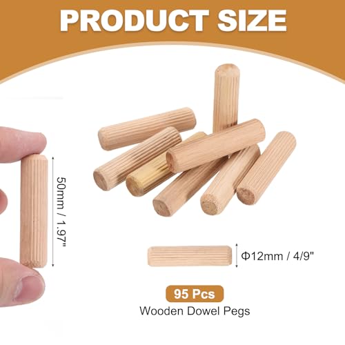 PATIKIL 95 Pcs Wood Dowel Pins 1/2" x 2" Fluted Wooden Dowels Hardwood Pegs for Woodworking Furniture DIY Crafts Projects Door Art - size: 1/2" x 2"