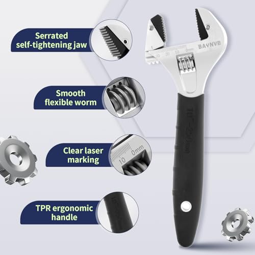 10 inch Adjustable Wrench with Serrated Self-tightening Jaw, 30mm Wide Jaw Opening Wrench for Plumbing, Automotive, Industrial - size: 10 Inch
