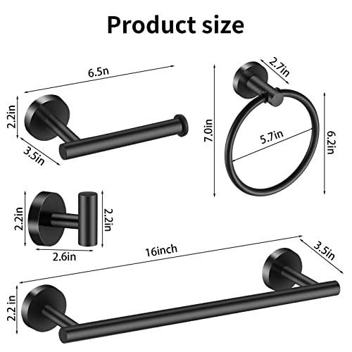 Bathroom Hardware Set Black 10 Pieces, Towel Bar Set Matte Black Stainless Steel Towel Rack Set Includes 2PCS 16'' Towel bar, 4PCS Towel Hooks, 2PCS Toilet Paper Holder and 2PCS Towel Ring - color: Black-10pcs-16inch