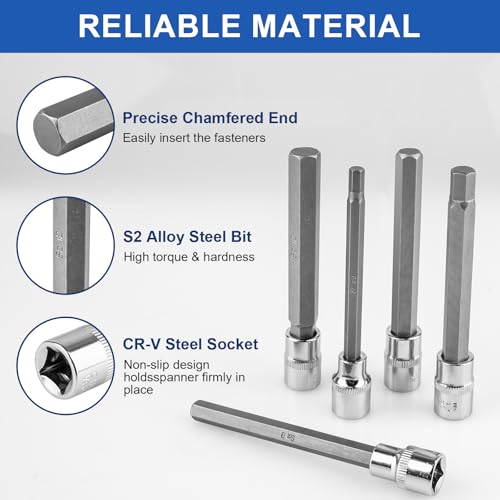 20PC Extra-Long Allen Hex Bit Socket Set, S2 Steel Hex Head Socket