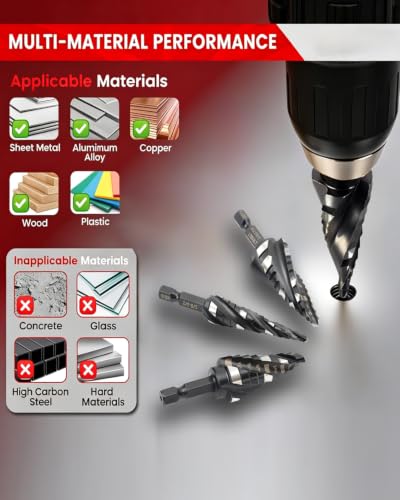 9 PCS M35 Cobalt Steel 4 Flute Step Drill Bit Set, Hex Unibit with Countersink Bits, Center Punch for Home Metal Aluminum Steel Wood Working - color: Silver Black