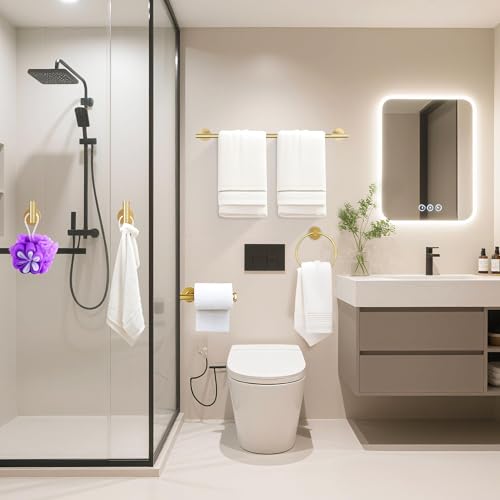 6 Pieces Brushed Gold Bathroom Hardware Accessories Set Hand Towel Ring 16&23.6 inch Round Towel Bar Toilet Paper Holder Towel Hooks 2 Pieces SUS 304 Stainless Steel,Heavy Duty,Wall Mounted - color: Brushed Gold, size: 6 piece 24"